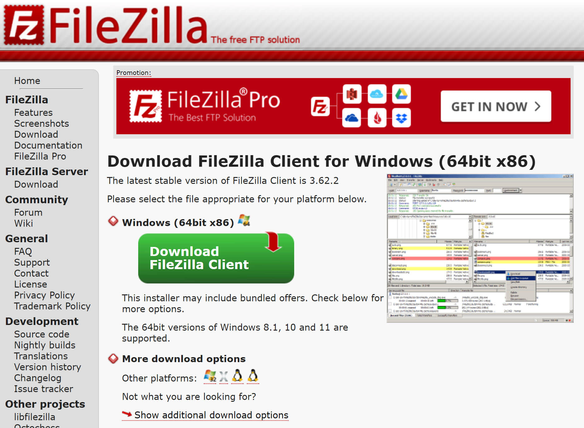 Screenshot der Website von FileZilla